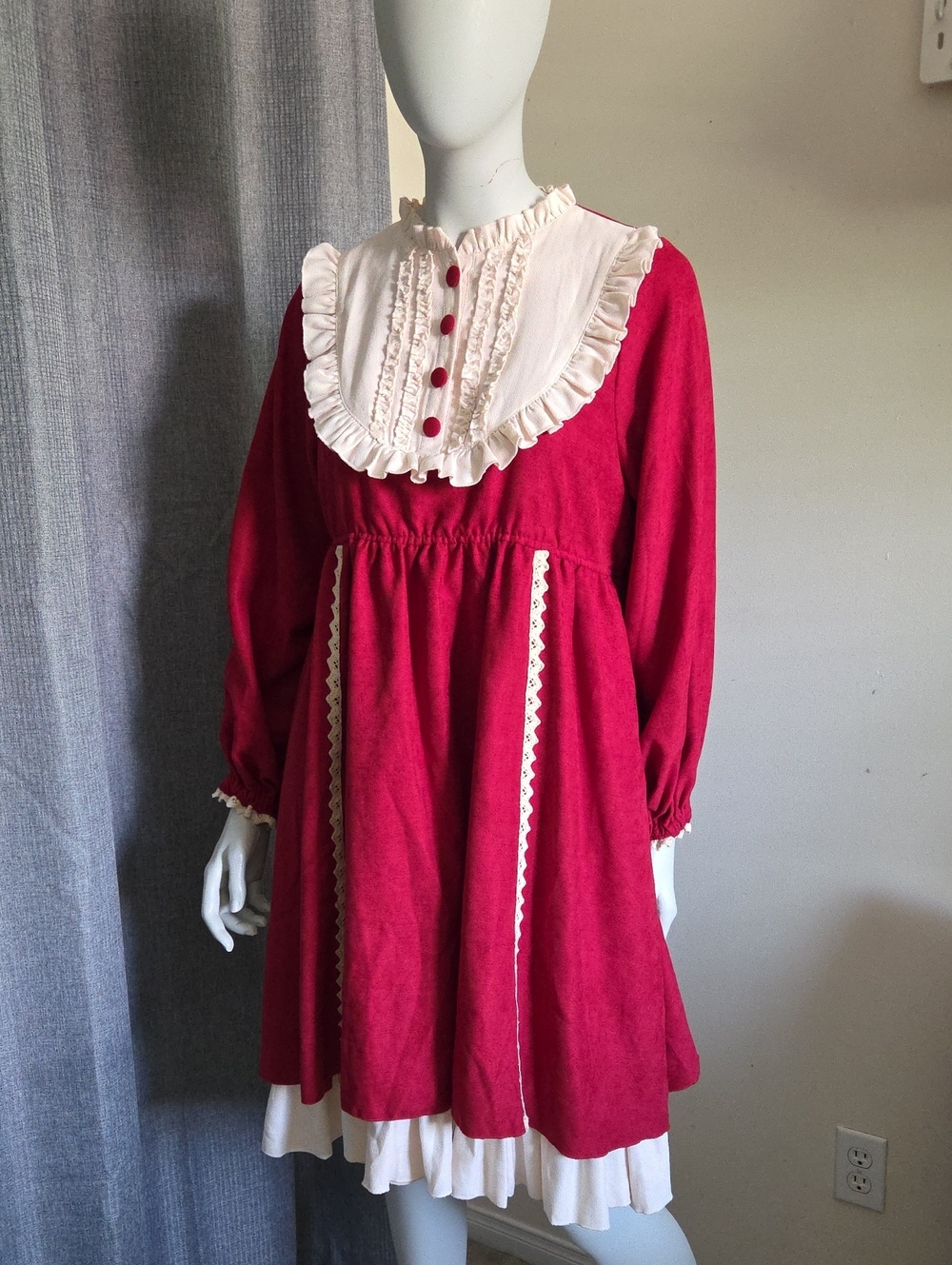 With Puji Red Lolita Dress with Cream Ruffled Bib and Button Detail